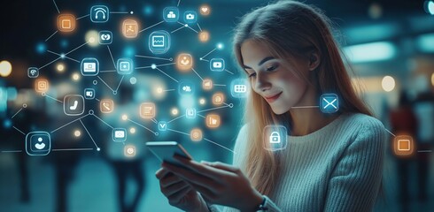Smiling young woman using her smartphone, surrounded by futuristic digital icons and a holographic interface, representing technology, connectivity, and social media.  
