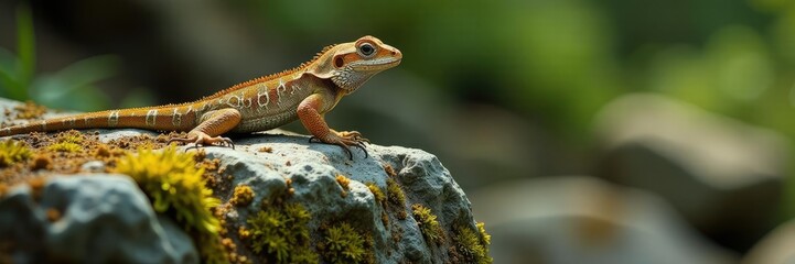 Fototapeta premium Lichen and moss covered boulder with a Western Fence Lizard, Wildlife, Tree Roots, Lichen
