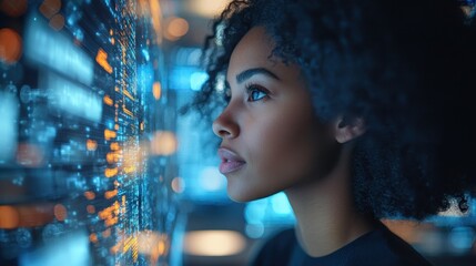 Young african female analyzing futuristic digital interface with holographic data