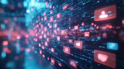 Fototapeta premium Data stream visualization with glowing icons and digital network