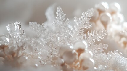 Fototapeta premium Close-up of intricate snowflake crystals in frosty winter scene