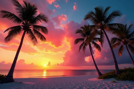Palm trees stand tall against a fiery orange and pink sunset over Miami Beach's sands , clouds, coastal