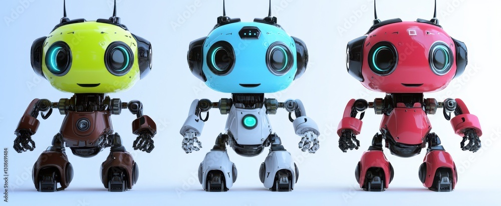 Poster this vibrant illustration features three playful robot characters in distinct colors. each robot has