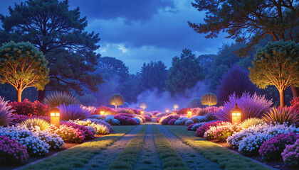 Obraz premium Beautifully illuminated flower garden at night, gardening, floriculture, flower seeds, floristry, gardening,