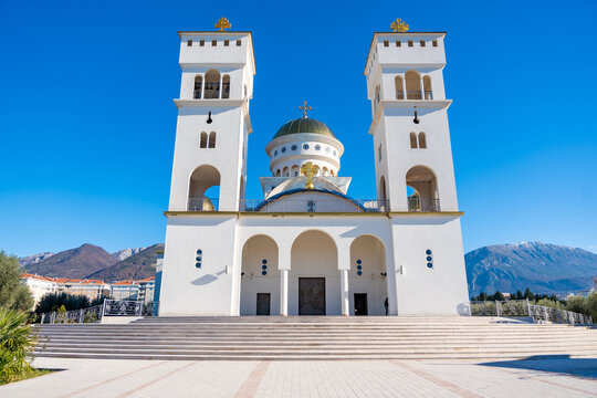 Orthodox Cathedral Church of St. Jovan Vladimir in white and gold colors in Bar, Montenegro. 