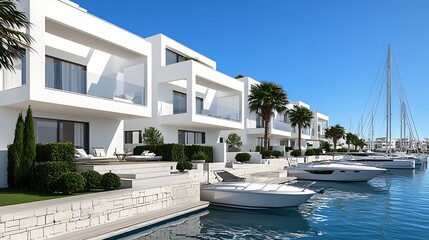 Modern Waterfront Villas with Docked Boats in a Bright Sunny Setting