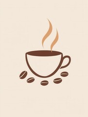 Obraz premium Elegant minimalist coffee cup logo with steam and scattered coffee beans in warm tones