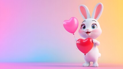 Obraz premium Adorable White Bunny with Pink and Red Heart Balloons on Pastel Background