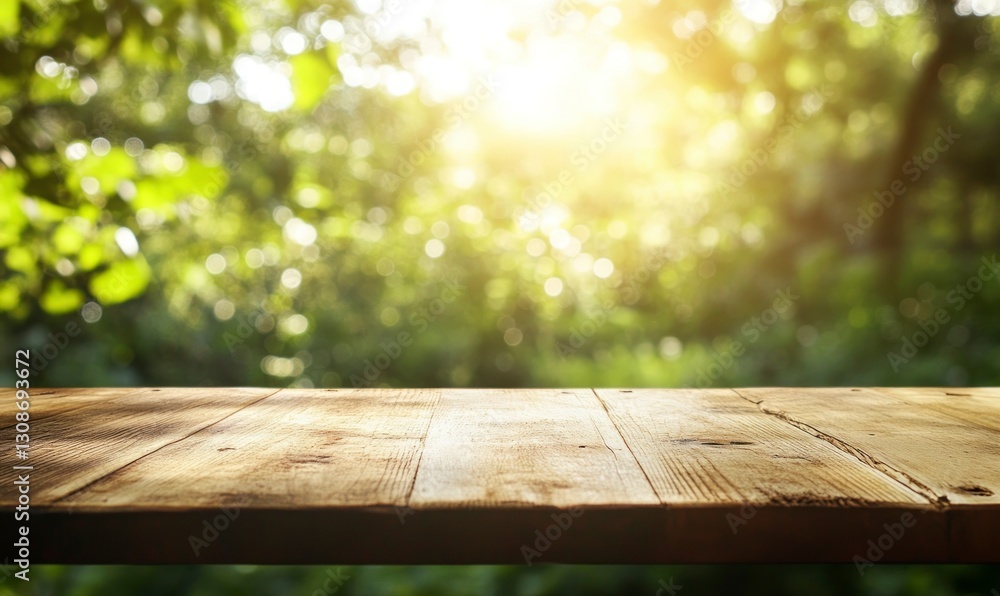 Poster wooden tabletop in forest with bokeh sunlight background for product display
