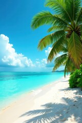 White sand beach, turquoise water, lush palms, summer, peaceful