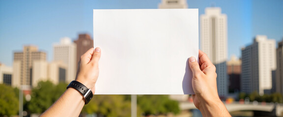 Person holding blank A4 paper in cityscape, creative mockup concept
