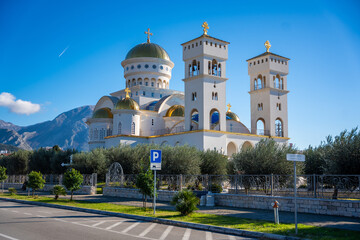 Orthodox Cathedral Church of St. Jovan Vladimir in white and gold colors in Bar, Montenegro. 