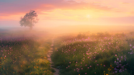 Naklejka premium Serene Morning Landscape with Golden Sunlight, Wildflowers, and a Solitary Tree