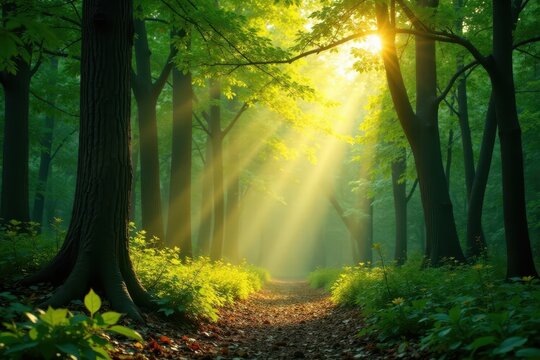 Golden sunlight shafts pierce emerald canopy, dappled light on forest floor, dappled, natural