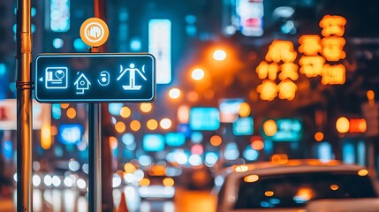 Urban Night Scene with Traffic Signs and Colorful City Lights