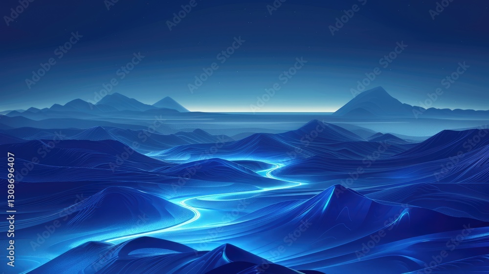 Poster this abstract night scene captures a tranquil mountainous terrain illuminated by a flowing river of 