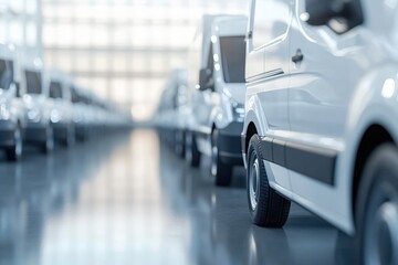 Fleet of delivery vans parked inside a spacious warehouse Generative AI