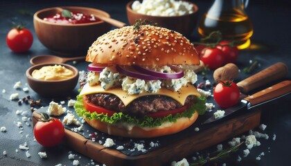 Feta Cheese Burger Crumbled feta cheese adding a salty briny fla
