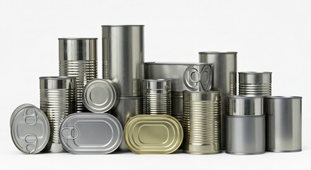 Stack of gleaming metal food cans neatly arranged. AI Generated