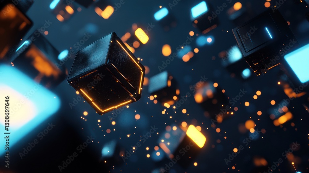 Poster abstract arrangement of luminous cubes floating in a dark expanse