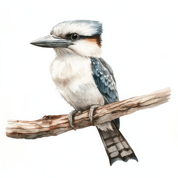 Illustration painted in realistic boho style showing kookaburra on branch