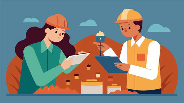 Two geologists discuss their findings as they examine carefully extracted core samples analyzing the layers of rock and sediment for indications of. Vector illustration