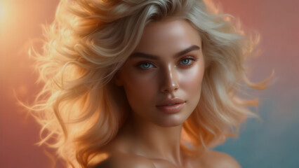 Fototapeta premium Radiant Blonde Woman with Flowing Hair Glowing in Golden Light Against a Warm Orange and Teal Backdrop, Exuding Elegance