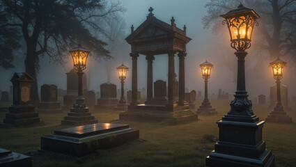Naklejka premium Vintage lampposts cast a warm glow over a foggy graveyard, creating a spooky and atmospheric scene.