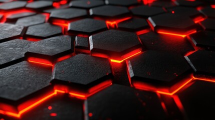 Obraz premium Hexagonal grid with glowing red seams creates futuristic dark aesthetic