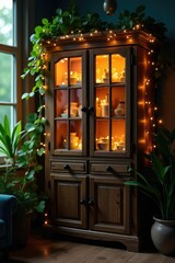 Twinkling fairy lights adorn wooden cabinet amidst leafy greenery, mist, cabinets, fairy lights