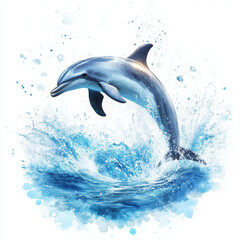 Illustration of playful dolphin jumping out of water, full of joy