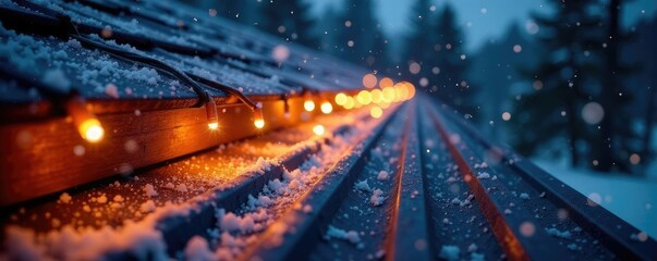 Twinkling lights and snowflakes on a metal roof at night, festive, lights, night