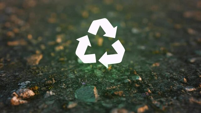 Reusing symbols - Recycling arrow sign on dark ground surface. Loop Footage with copy space for Environmental project about Ecology and Product Recycling.