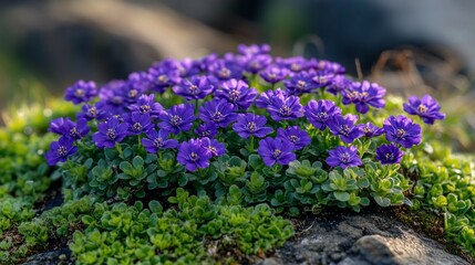 Obraz premium Alpine purple flowers blooming on rocks, sunlight, nature
