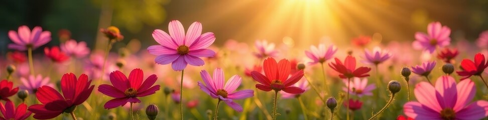 Soft morning light bathes a field of blooming cosmos , nature, delicate