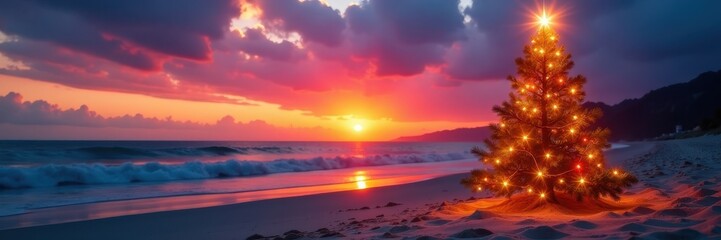 Sunset beach Christmas tree, glowing lights reflecting on sand, holiday season, calm, relax