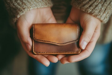 Holding a rustic leather wallet in warm hands against a cozy backdrop in soft lighting