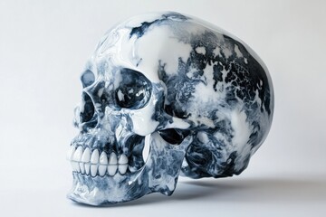 Unique marble skull sculpture showcasing intricate patterns and details