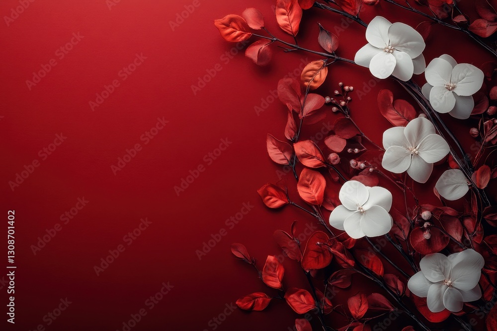 Poster elegant white and red flowers arranged beautifully on a deep red background for a stunning visual di