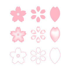 Sakura Flower and Petal Set Soft pink cherry blossom clipart. Perfect for designs, scrapbooking, invitations, branding, and decorations. Includes editable vector flowers and petals with soft gradient.