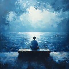 Obraz premium Man meditates by tranquil ocean under a twilight sky.