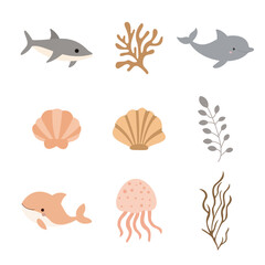 Sea Ocean Marine Life Elements Set Dolphin Shark Whale Scallop Shell Jellyfish Coral Reef Plant