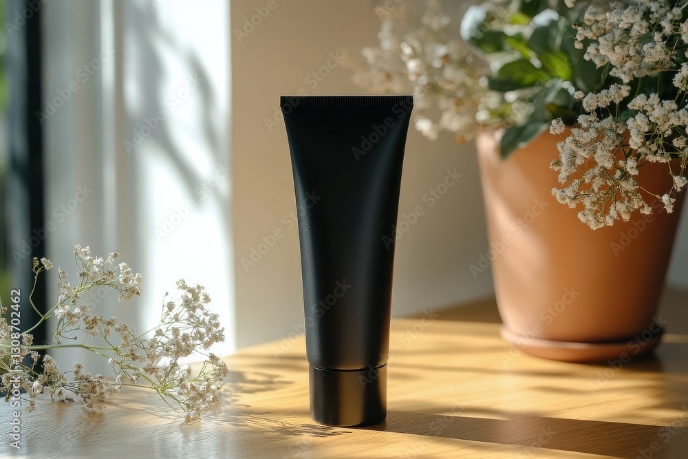 Poster elegant black container displayed on a wooden table with flowers in a sunlit room