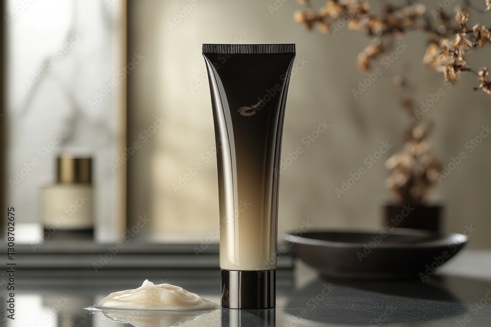 Poster Cream tube and skincare product displayed on a sleek surface with neutral colors and elegant decor in a modern setting