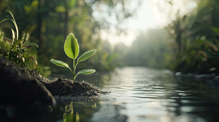Naklejka premium Young plant growing by serene river in forest