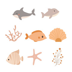 Sea Ocean Beach Marine Life Elements Set of Dolphin Fish Scallop Shell Starfish Coral Reef Plant