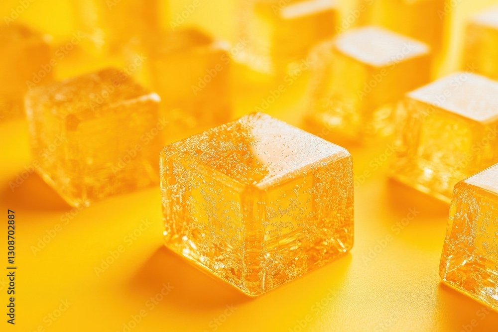 Poster bright yellow ice cubes arranged on a vibrant yellow surface showcasing a playful and refreshing vis