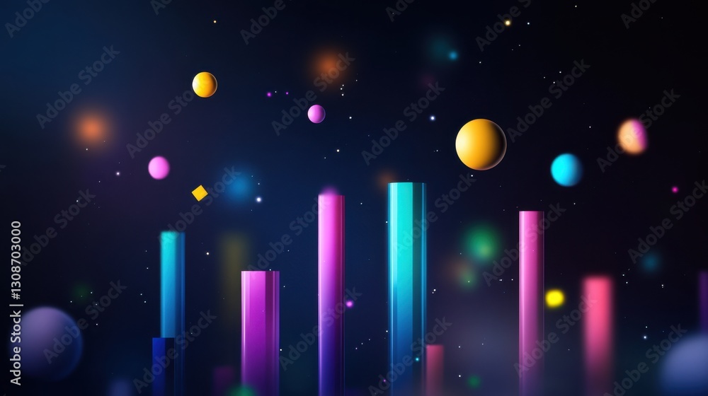 Poster abstract colorful 3d spheres and bars floating in dark space.