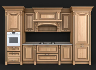 Fototapeta premium Elegant wooden kitchen cabinetry with oven and stove, showcasing classic design and craftsmanship. Perfect for traditional home interiors