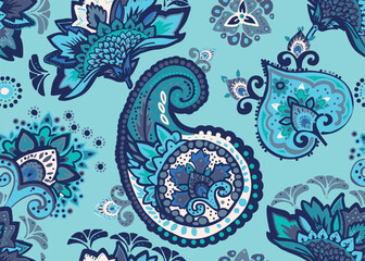 Seamless paisley pattern in Oriental style with floral and ethnic motifs for printed fabric, wallpaper, and packaging